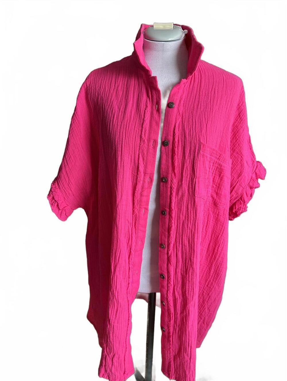 Pink Button-Up 100% Cotton Crinkled Short Sleeve Blouse | XXL